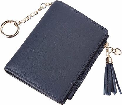 Picture of Gostwo Small Wallet for Women Leather Bifold Women Wallets with Tassel [Rfid Blocking] [Zippered Coin Pocket] Cute Wallets for Girls Navy Blue