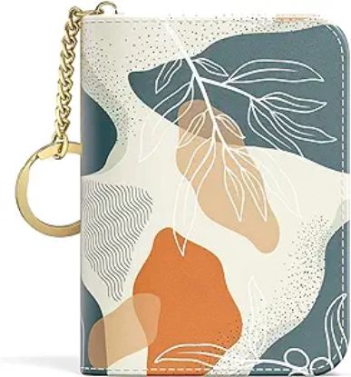 Picture of Aiawoxc Credit Card Holder, Small RFID Card Wallet Slim Leather Organizer Case with Zipper & Keychain, Abstract Boho Leaves