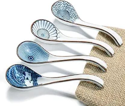 Picture of DAHO GOMSU Asian Ceramic Soup Spoon, with Long Handle Easy to Hold, Non-slip Bottom, for Japanese Ramen, Chinese Wonton, Dumplings, Pho, Noodle Soup Spoons, Set of 4 (V86)