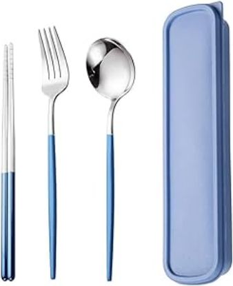 Picture of AXIAOLU Travel Utensils, Stainless Steel 4pcs Cutlery Set Portable Camp Reusable Flatware Silverware, Include Fork Spoon Chopsticks with Case (Blue)