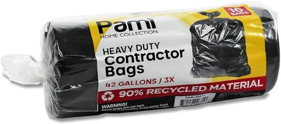 Picture of PAMI Heavy-Duty Contractor Bags [Pack of 10] - 42 Gallon Large Black Trash Bags For Construction Sites, Yard Waste & Commercial Use- Industrial Strength Tear-Resistant Cleanup Garbage Bags